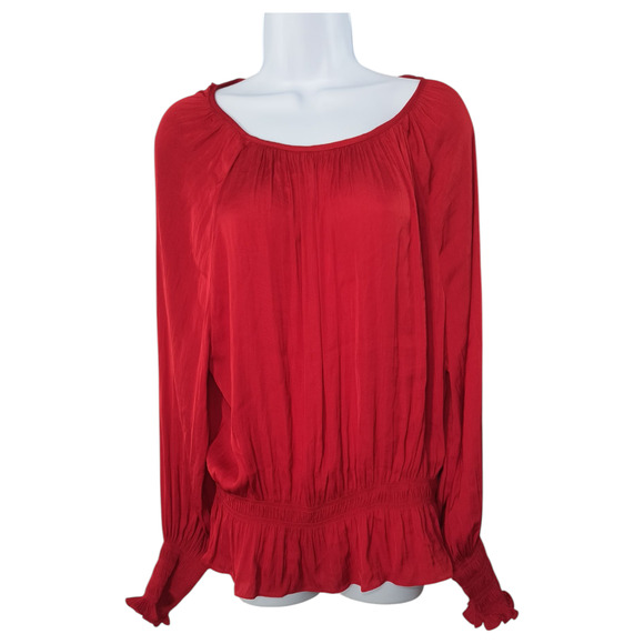 H&M Peasant Blouse Women's Sz 14 Red Long Sleeve Ruffle Shirred Waist Cuffs Top - Picture 4 of 12